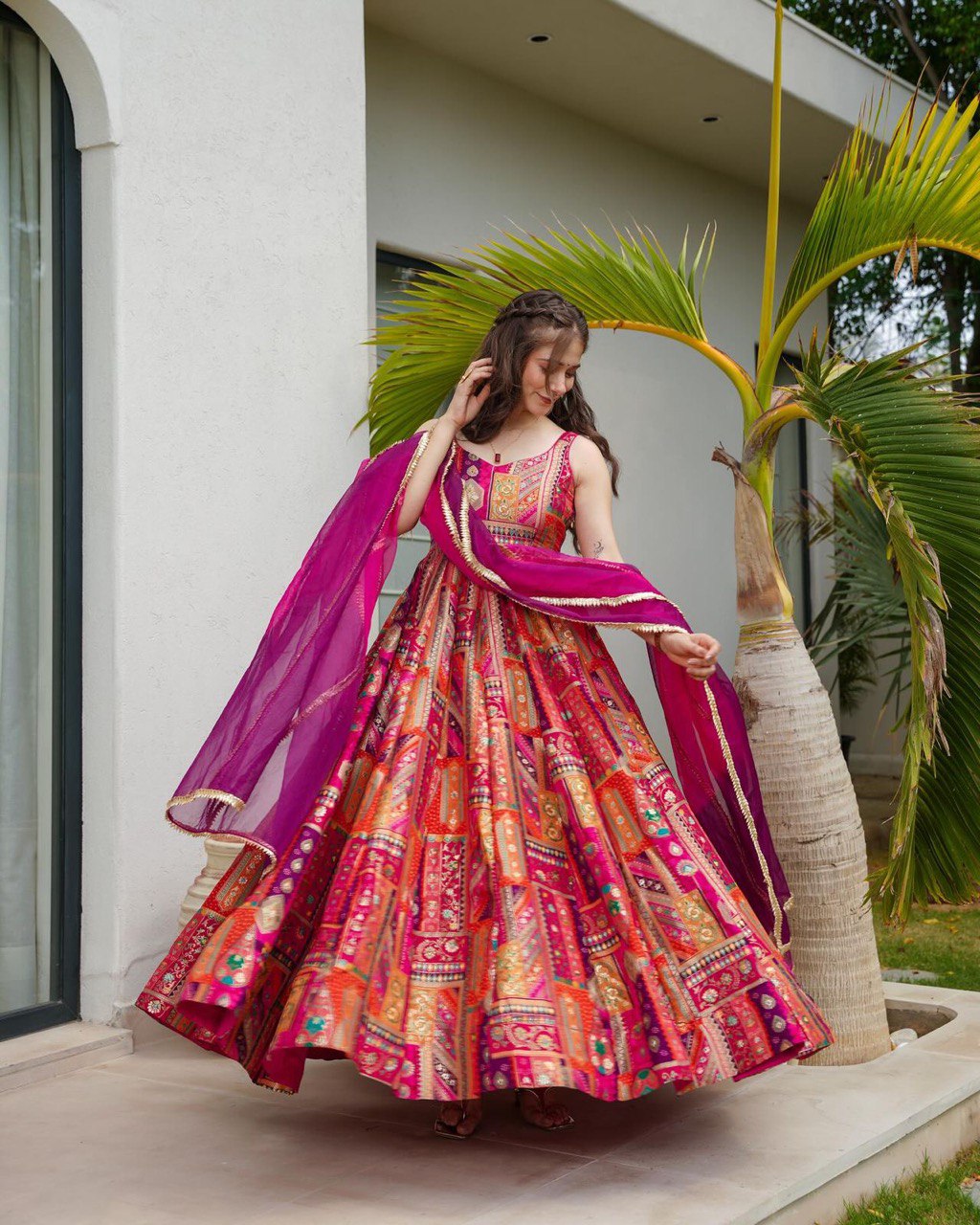 Pink Color With Multi Color Digital Printed Fully Flair Gown With Dupatta