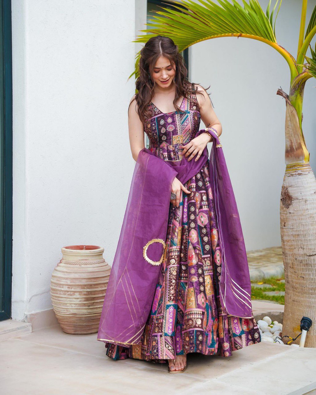 Purple Color Jimmy Organza Silk With Digital Printed Long Anarkali Gown With Dupatta