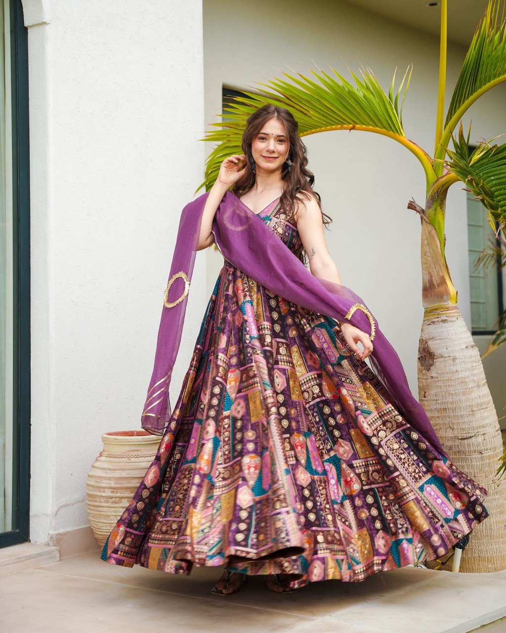 Purple Color Jimmy Organza Silk With Digital Printed Long Anarkali Gown With Dupatta