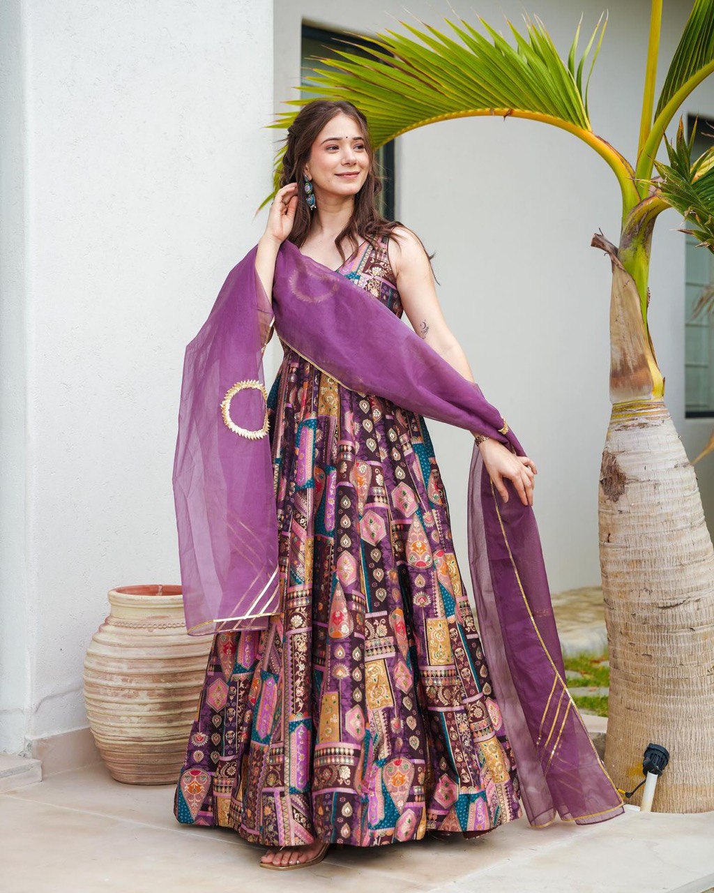 Purple Color Jimmy Organza Silk With Digital Printed Long Anarkali Gown With Dupatta