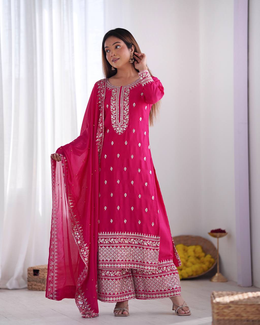Pink Color Chinon Silk With Embroidery Work Suit For Wedding