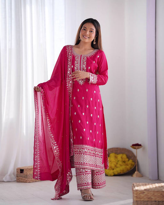 Pink Color Chinon Silk With Embroidery Work Suit For Wedding