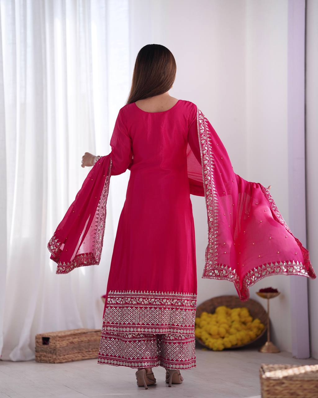 Pink Color Chinon Silk With Embroidery Work Suit For Wedding