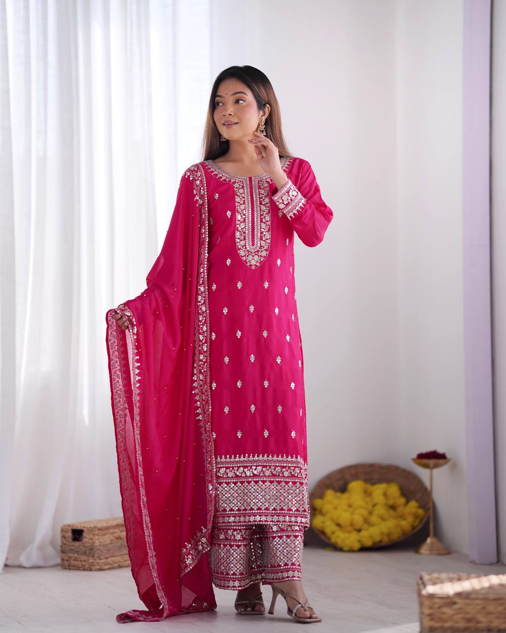 Pink Color Chinon Silk With Embroidery Work Suit For Wedding