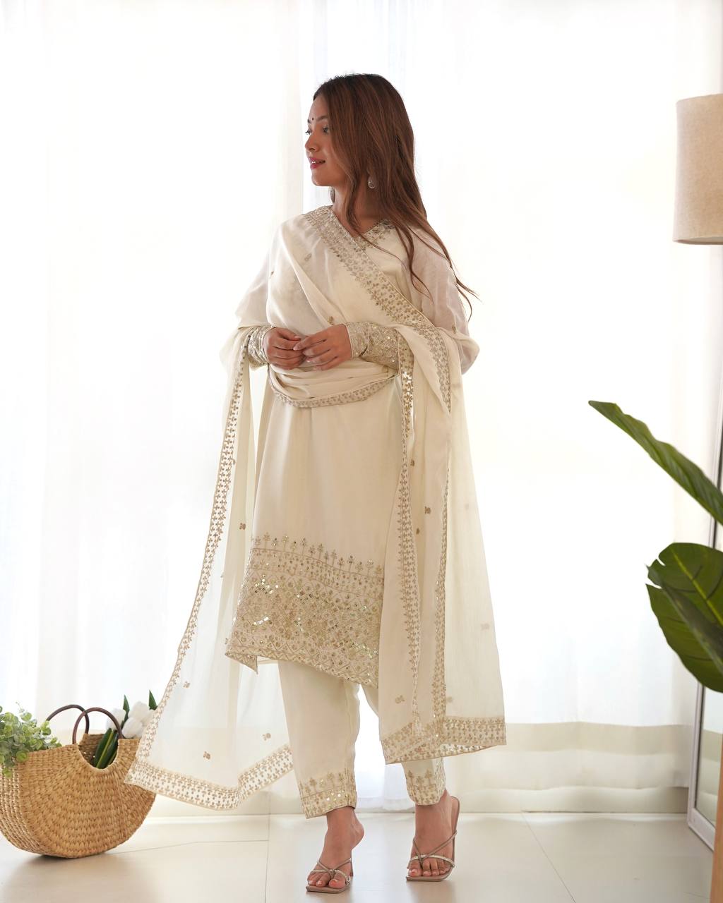 White Color Chinon Silk With Sequence Work Suit For Women