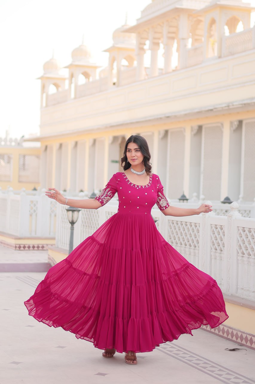 Pink Color Faux Blooming Zari Sequence Work Long Gown
