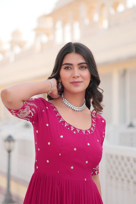 Pink Color Faux Blooming Zari Sequence Work Long Gown