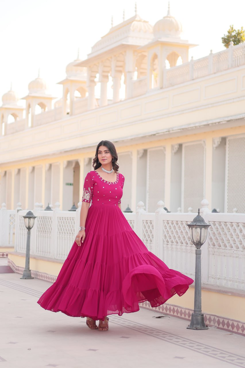Pink Color Faux Blooming Zari Sequence Work Long Gown