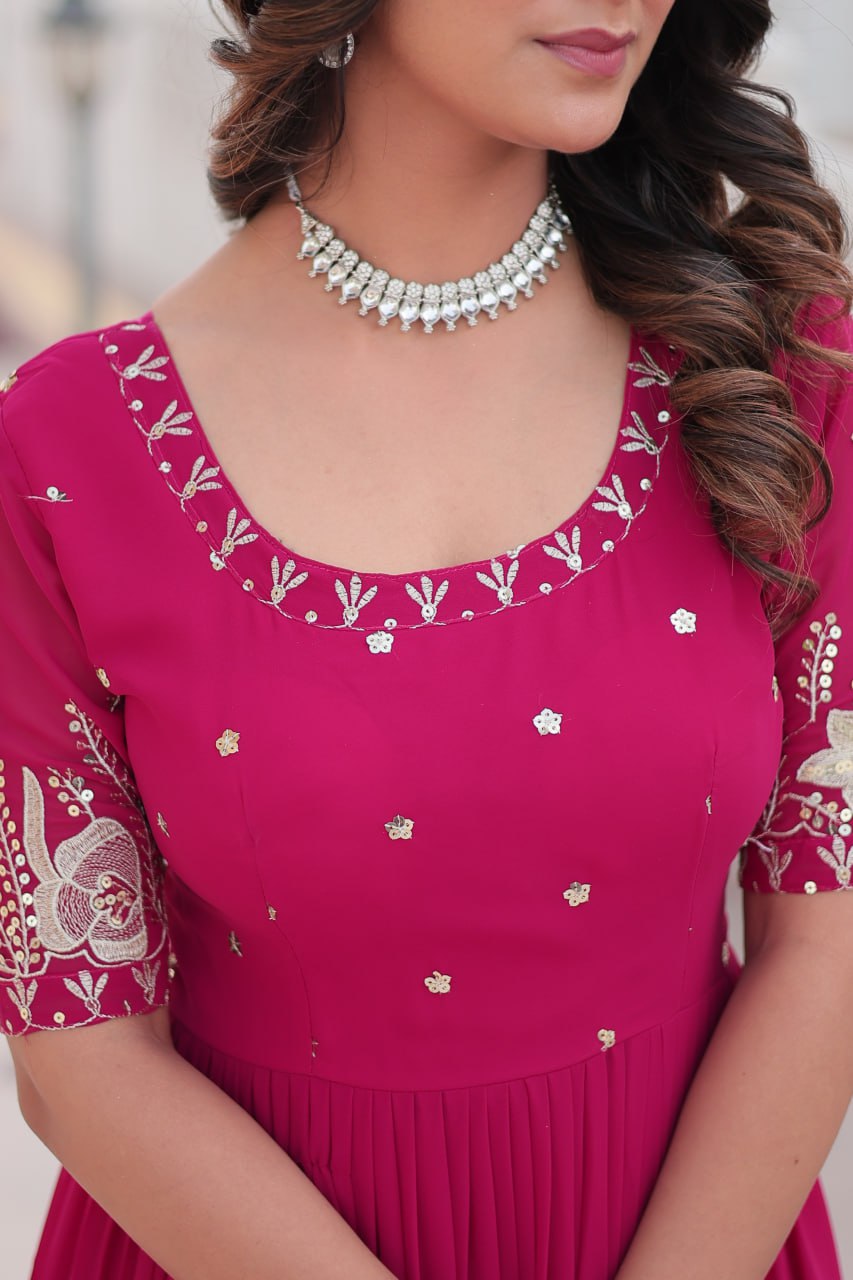 Pink Color Faux Blooming Zari Sequence Work Long Gown