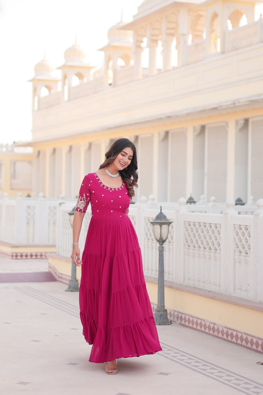 Pink Color Faux Blooming Zari Sequence Work Long Gown