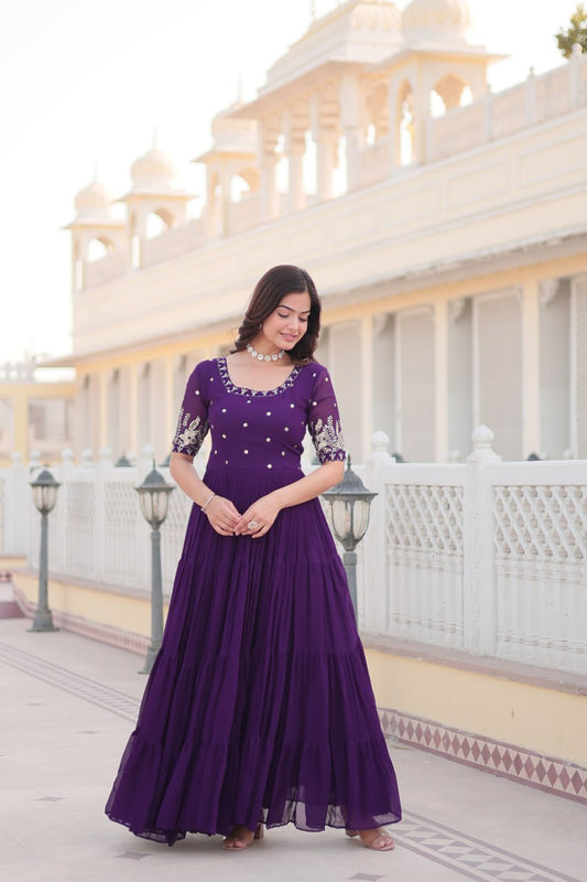 Purple Color Embroidery With Sequence Work Gown