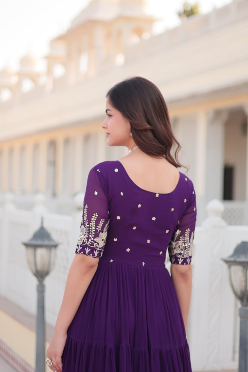 Purple Color Embroidery With Sequence Work Gown
