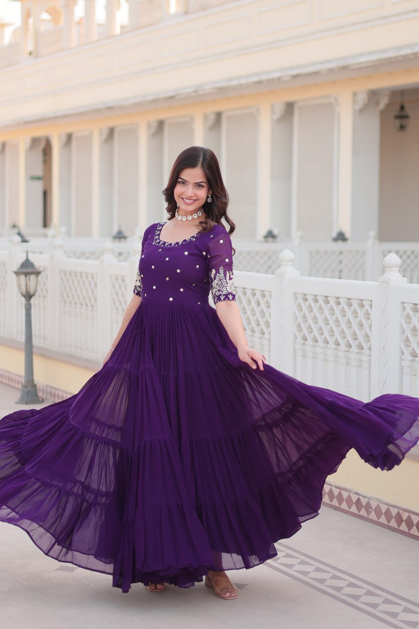 Purple Color Embroidery With Sequence Work Gown