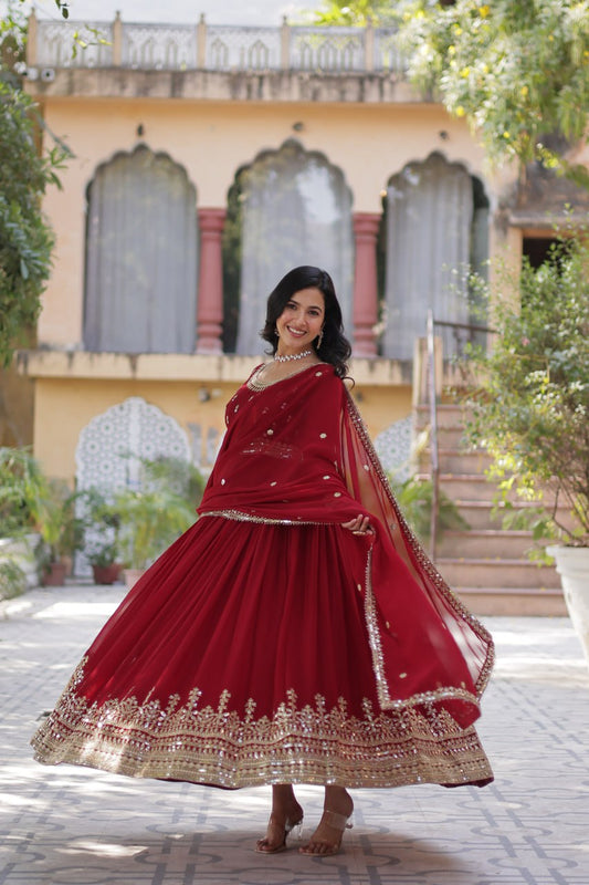 Red Maroon Color Embroidery With Sequence Work Gown