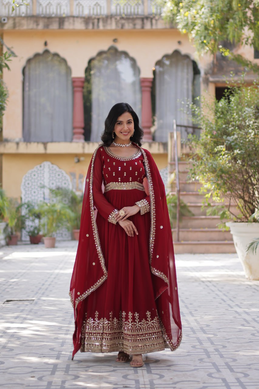 Red Maroon Color Embroidery With Sequence Work Gown