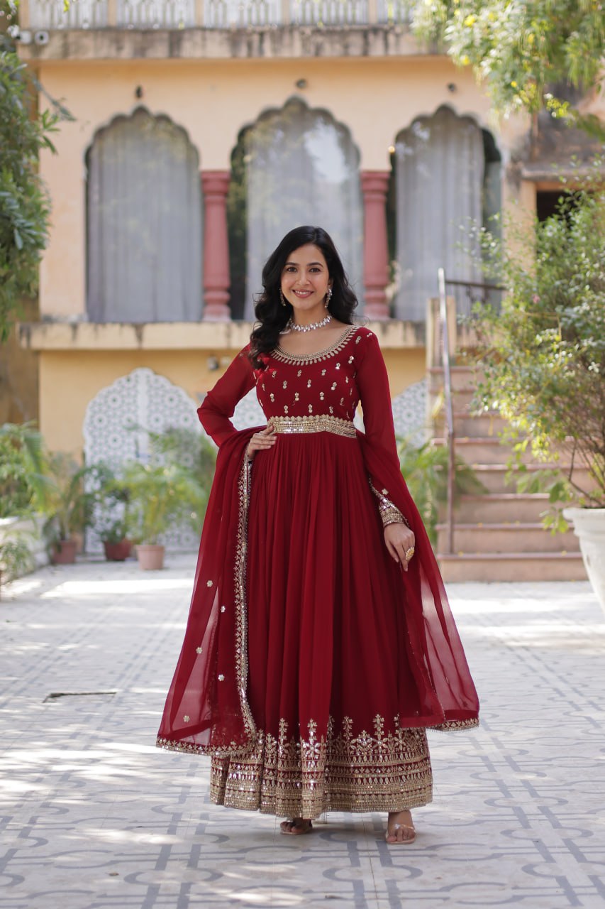 Red Maroon Color Embroidery With Sequence Work Gown