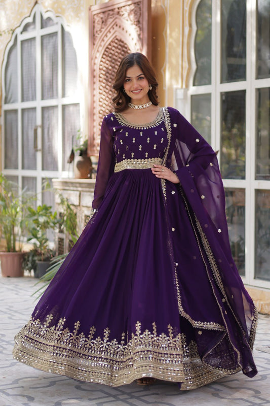 Purple Color Wedding Wear Anarkali Gown With Dupatta