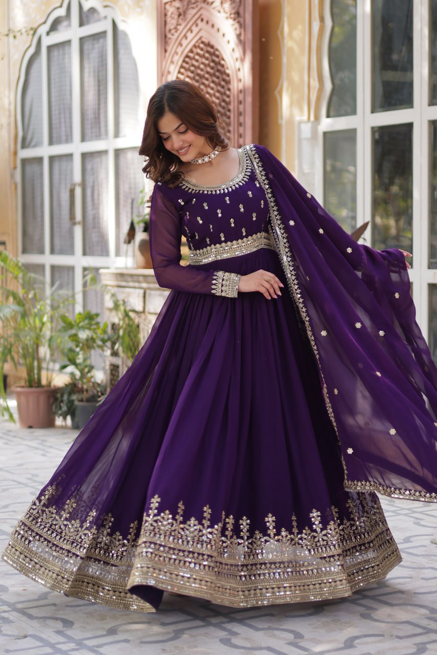 Purple Color Wedding Wear Anarkali Gown With Dupatta