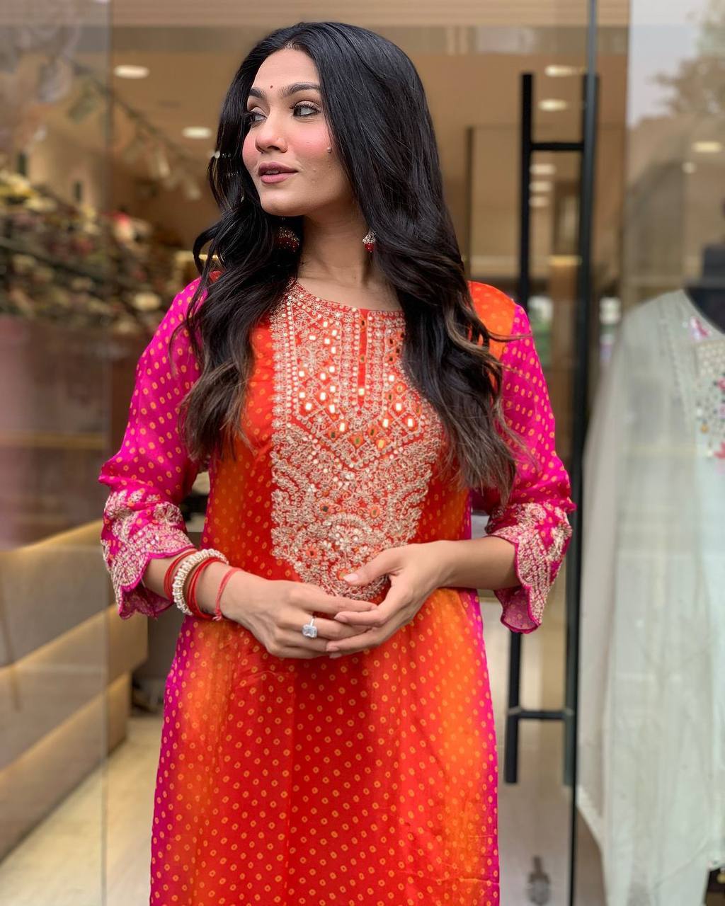 Classic Looking Chinon Silk Digital Printed Pink Orange Suit For Girls