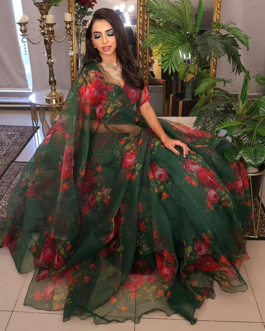 Green Color Pure Organza Silk With Flower Printed Lehenga Choli