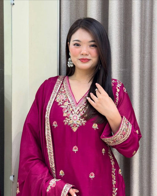 Rani Color Chinon Silk With Embroidery Work Sharara Suit