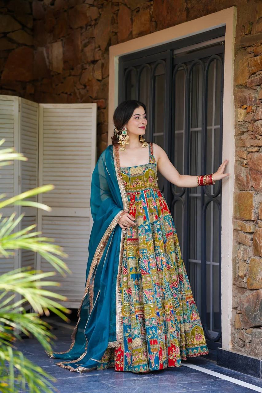 Rama color Georgette With Digital Printed Hot Fix Work Long Anarkali Gown
