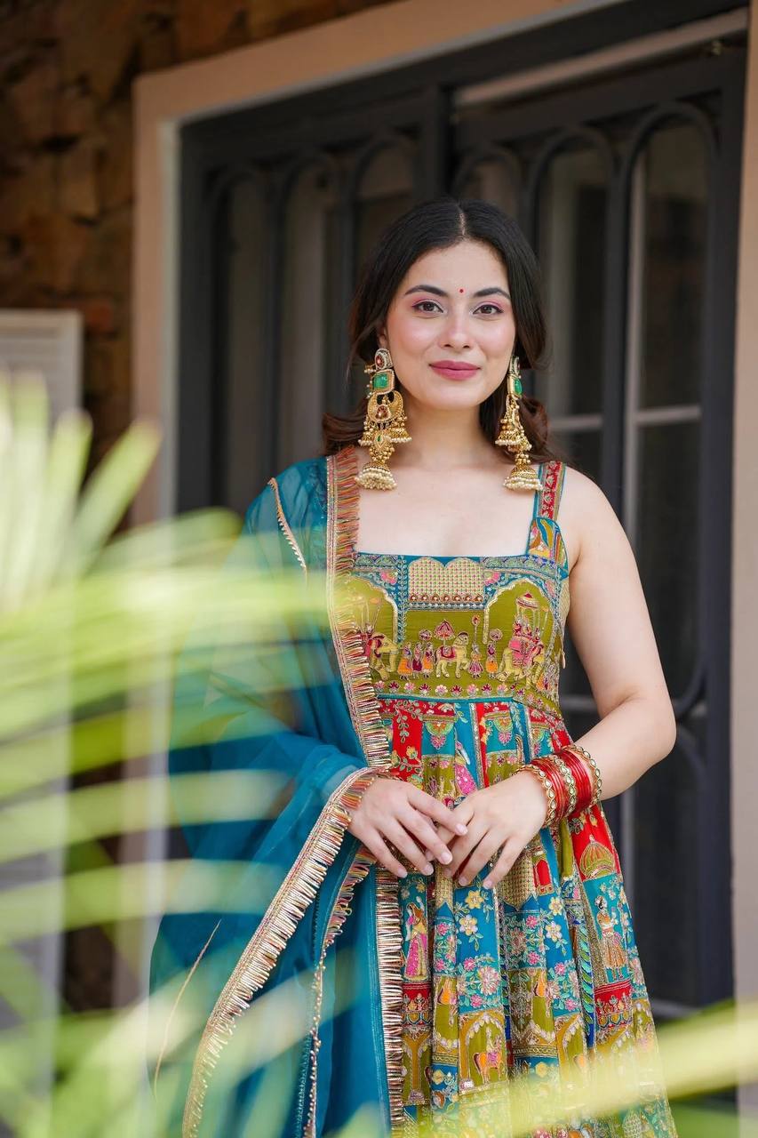 Rama color Georgette With Digital Printed Hot Fix Work Long Anarkali Gown