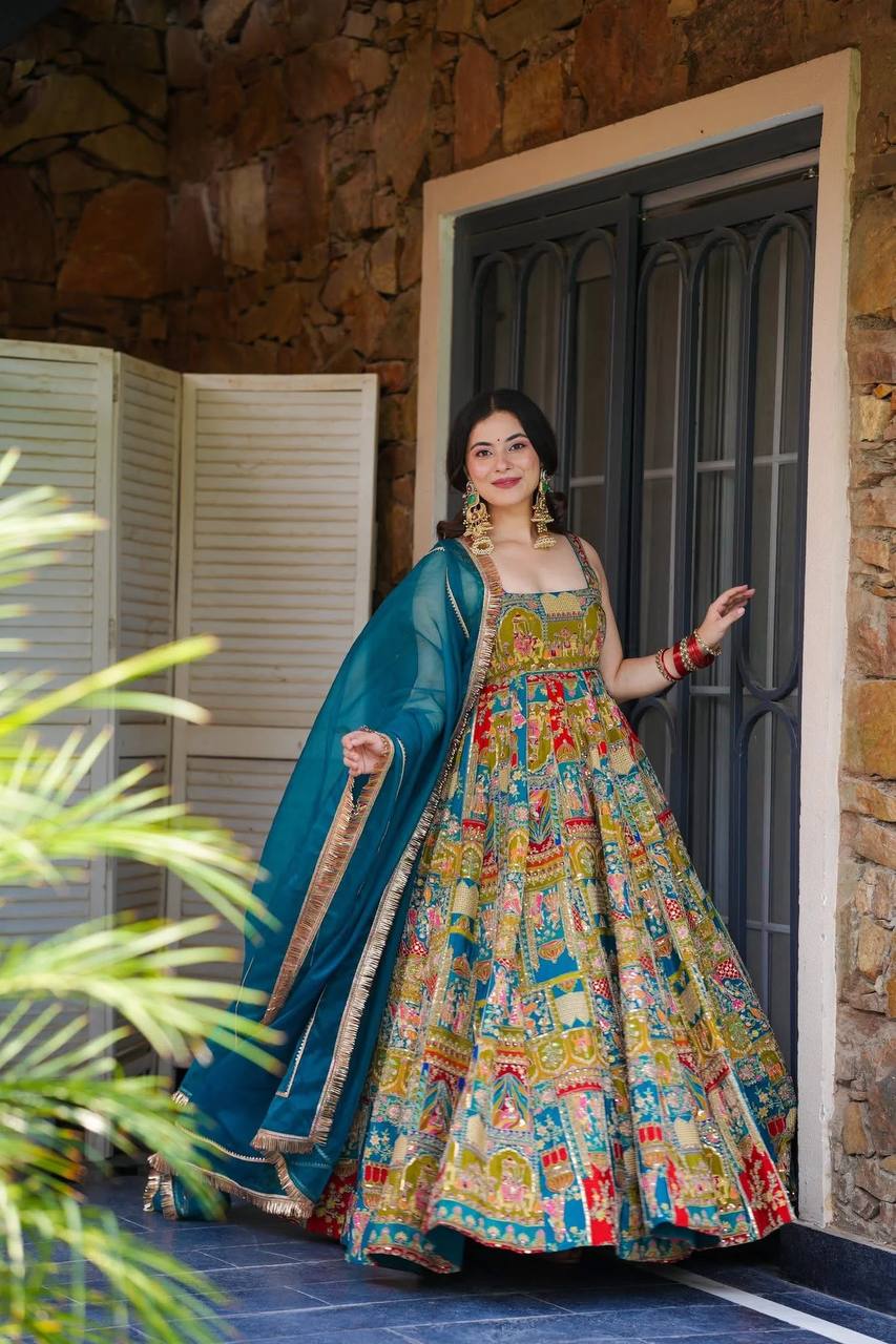 Rama color Georgette With Digital Printed Hot Fix Work Long Anarkali Gown