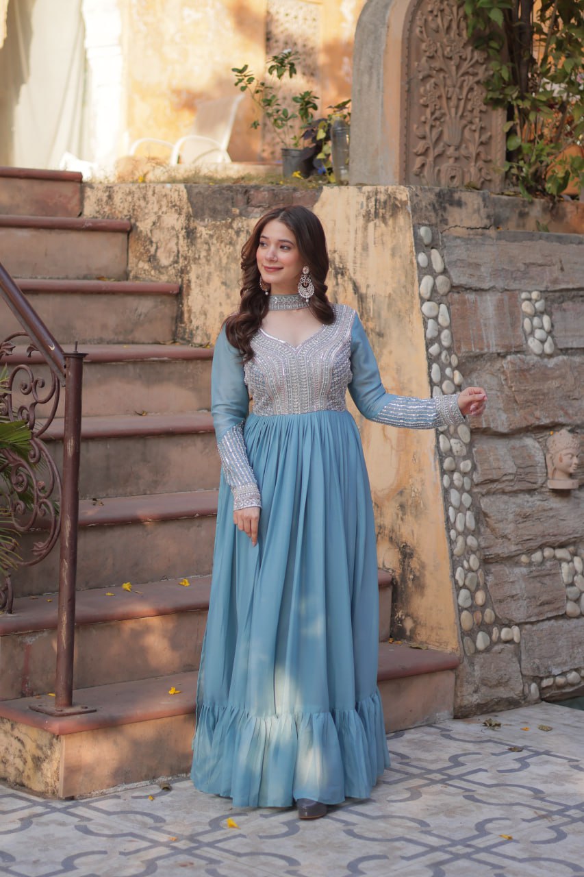 Sky Blue Color Georgette With Embroidery Work Gown