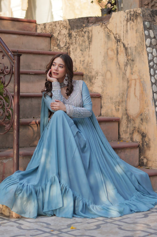 Sky Blue Color Georgette With Embroidery Work Gown