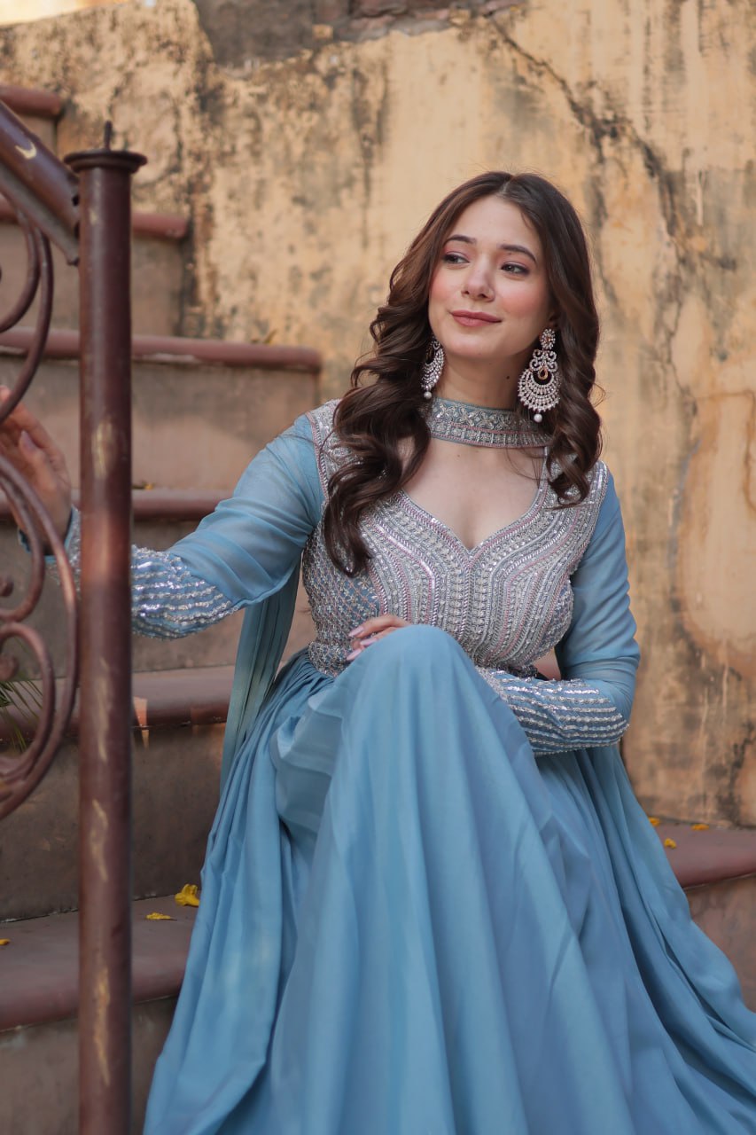 Sky Blue Color Georgette With Embroidery Work Gown