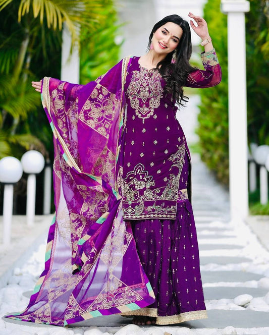 Purple Color Faux Georgette With Sequence Work Sharara Suit