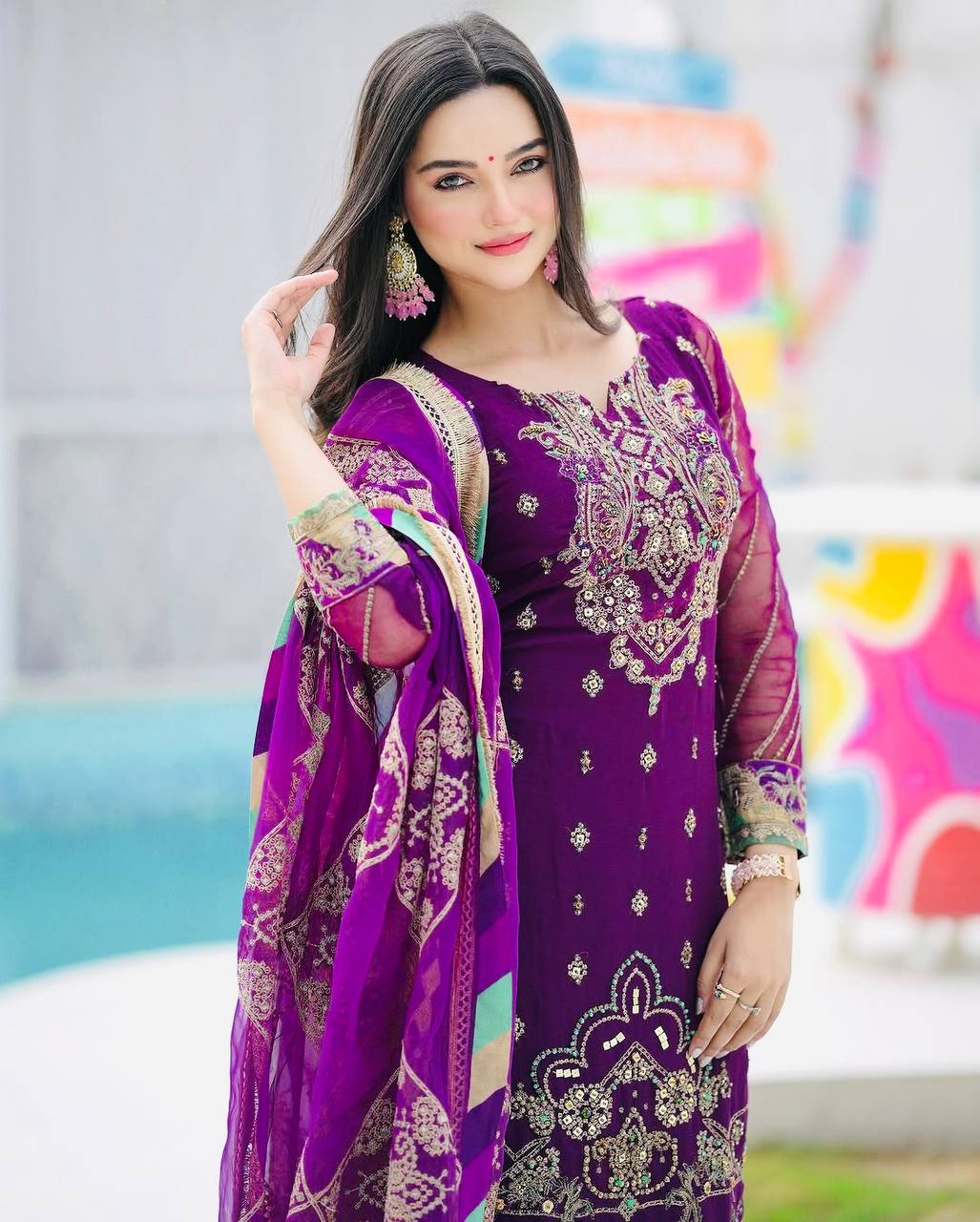 Purple Color Faux Georgette With Sequence Work Sharara Suit