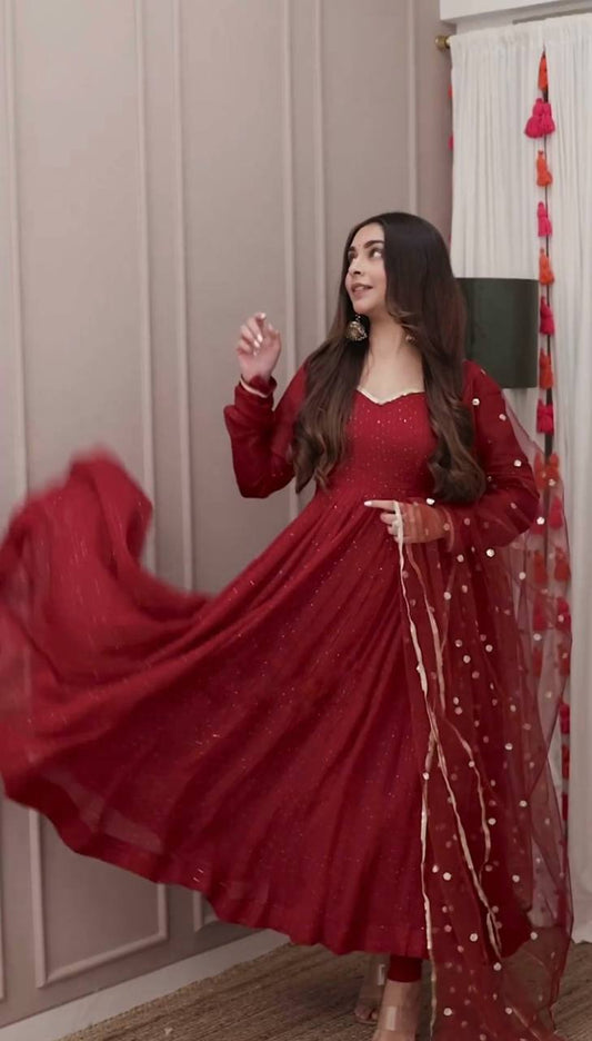 Dazzling Red Color Georgette With Embroidery Work Long Anarkali Gown