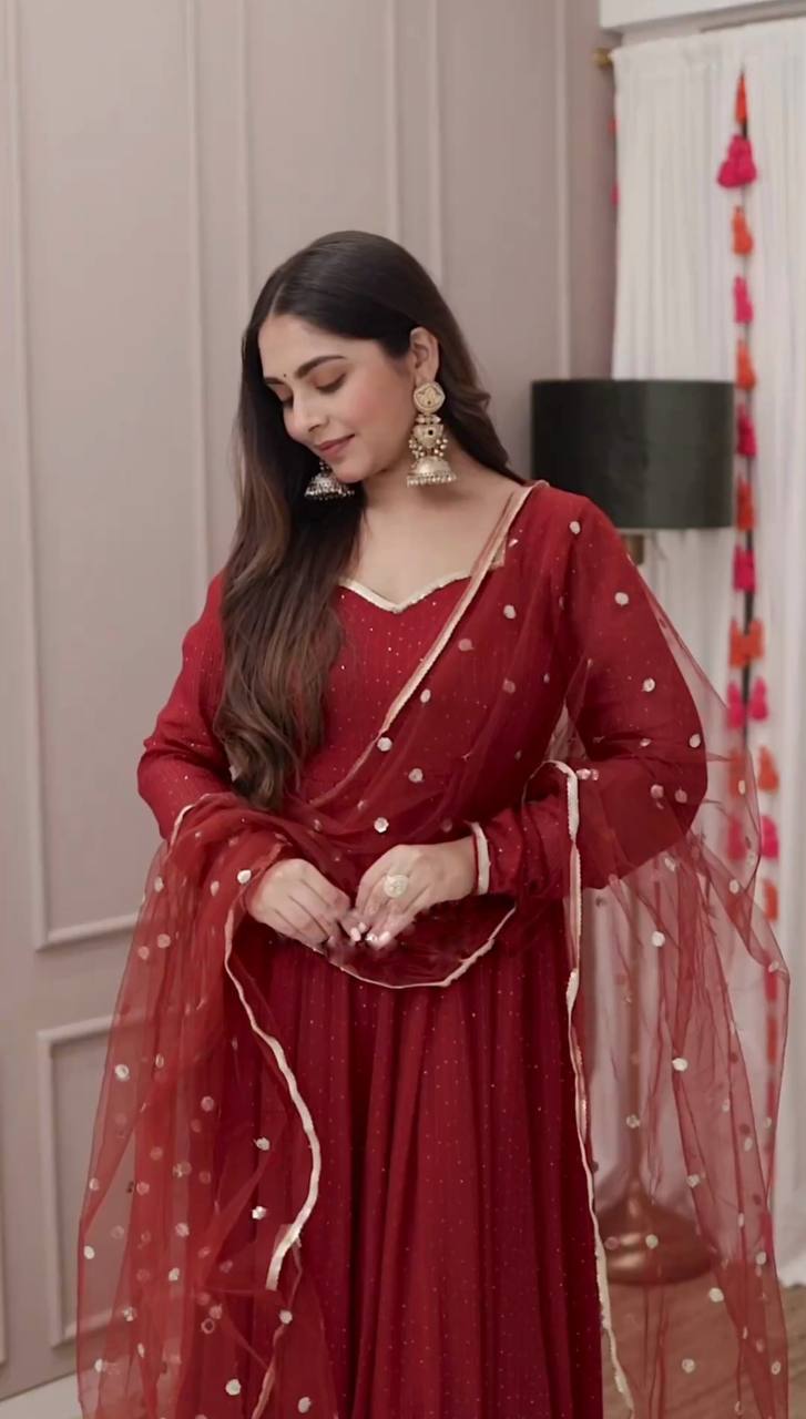 Dazzling Red Color Georgette With Embroidery Work Long Anarkali Gown