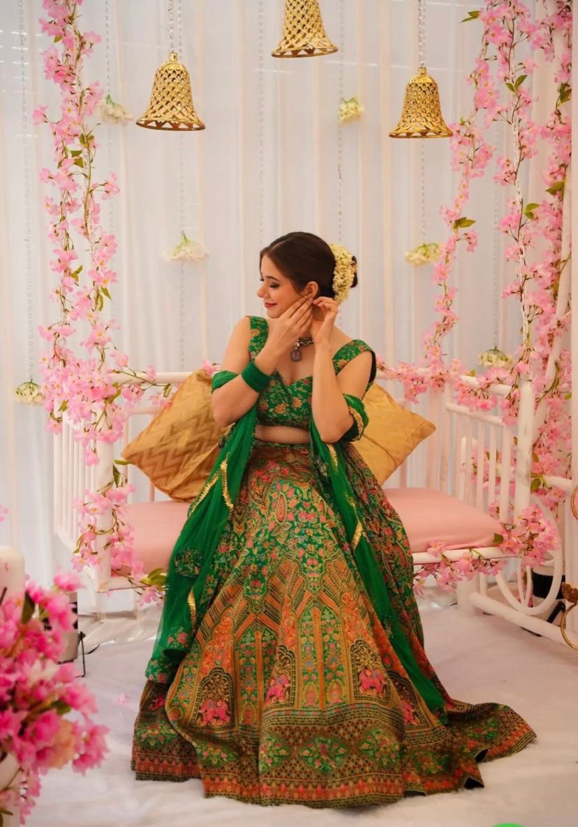 Green Color Digital Printed Organza Silk Lehenga Choli For Function Wear