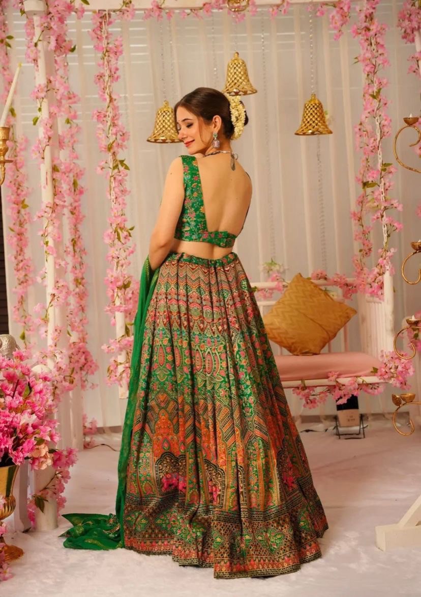 Green Color Digital Printed Organza Silk Lehenga Choli For Function Wear