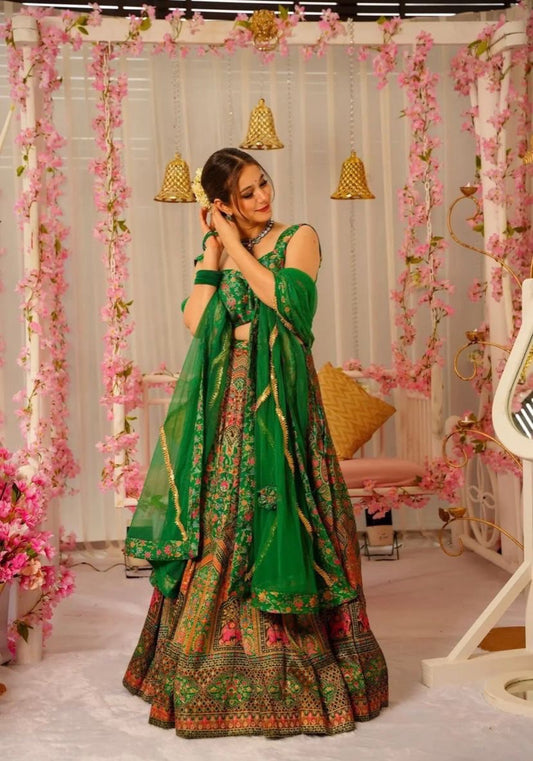 Green Color Digital Printed Organza Silk Lehenga Choli For Function Wear