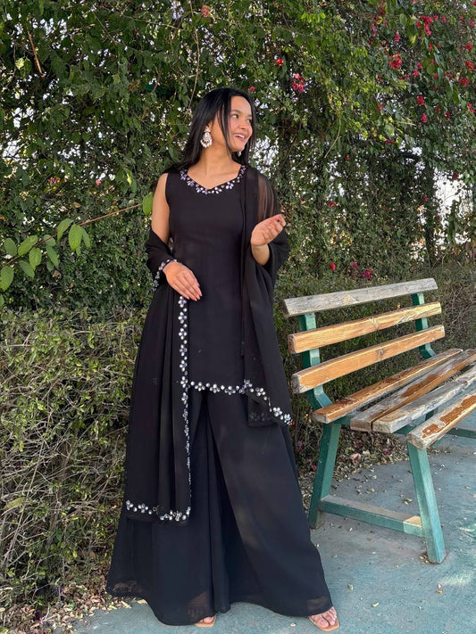 Black Color Real mirror Work Plazoo Suit With Dupatta