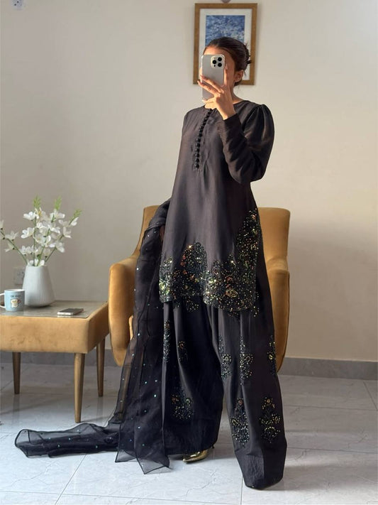 Natural Crep Black Color Embroidery With Sequence Work Suit