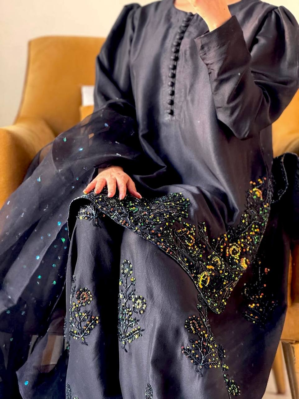 Natural Crep Black Color Embroidery With Sequence Work Suit