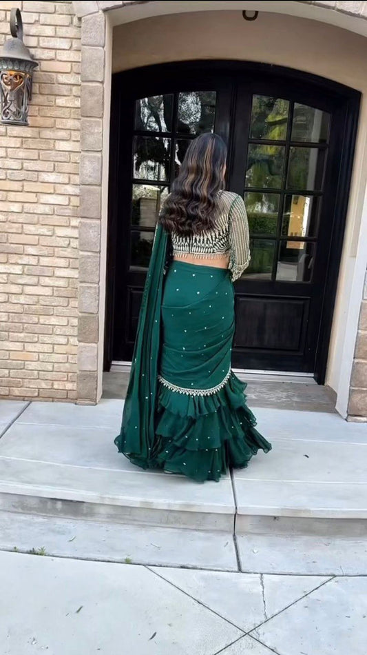 party Wear Green Color Lehenga Saree