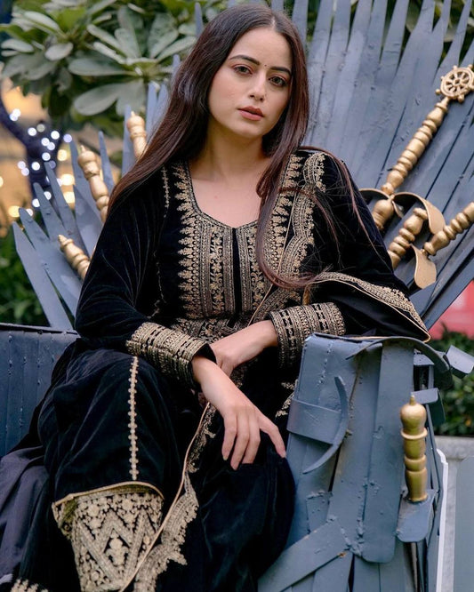 Dazzling Black Velvet With Embroidery Work Three Piece Suit