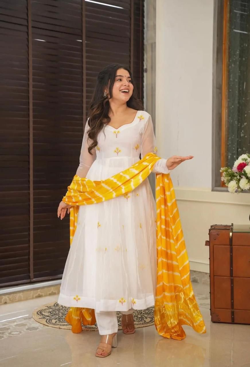 White Color Georgette With Butta Embroidery Work Anarkali Suit With Yellow Dupatta