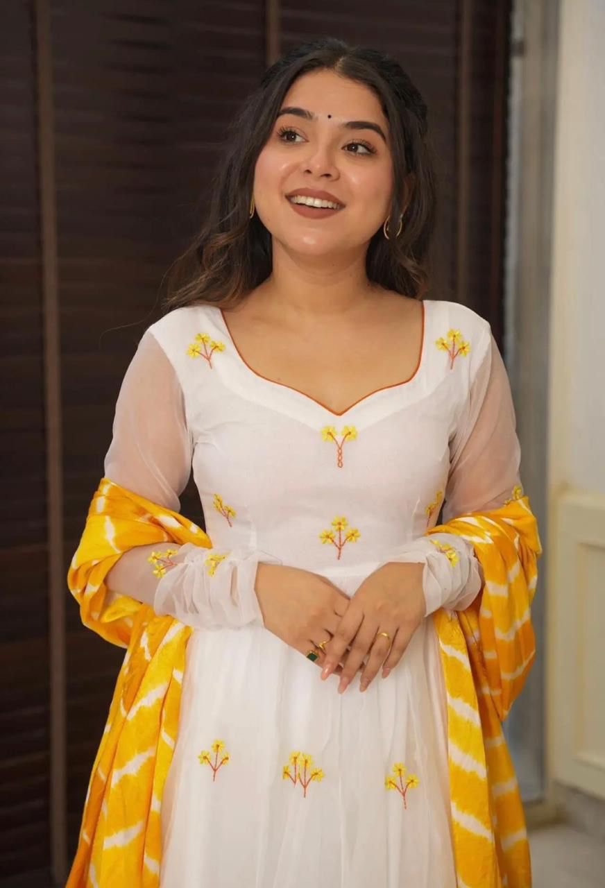 White Color Georgette With Butta Embroidery Work Anarkali Suit With Yellow Dupatta