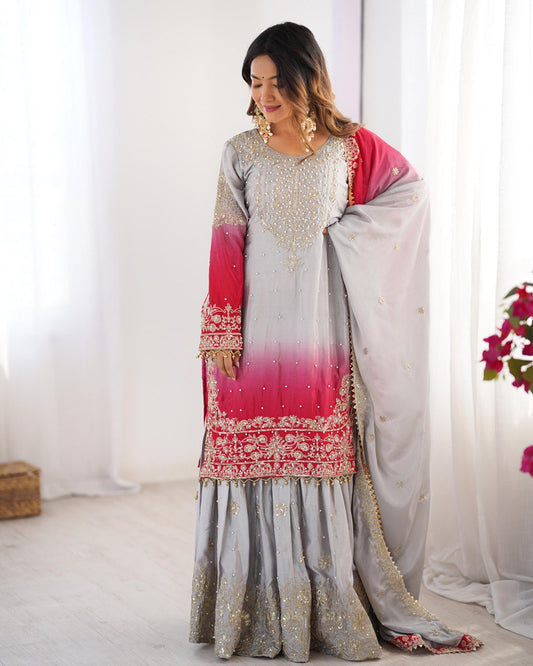 Gray And Red Color Chinon Silk Sequence Work Sharara Suit