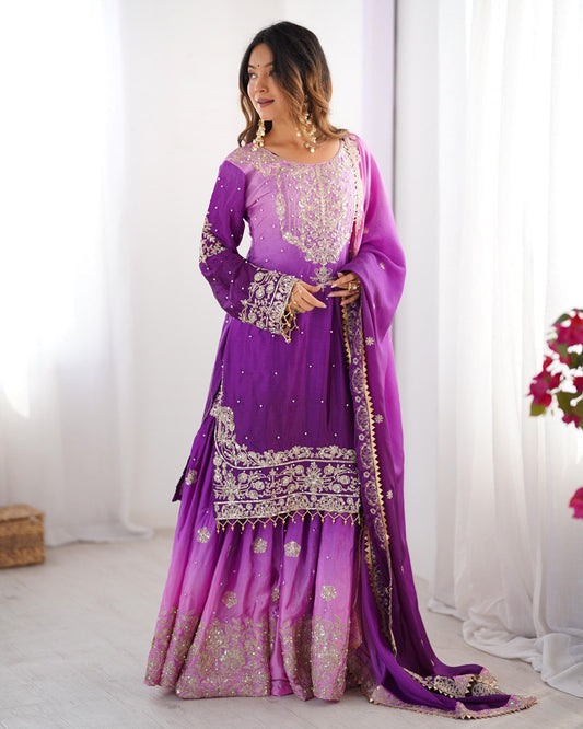 Purple And Lavender Color Sequence Work Sharara Suit For Women