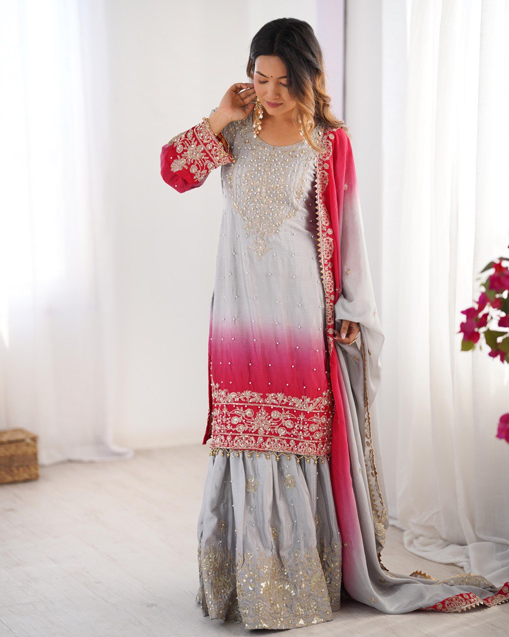 Gray And Red Color Chinon Silk Sequence Work Sharara Suit