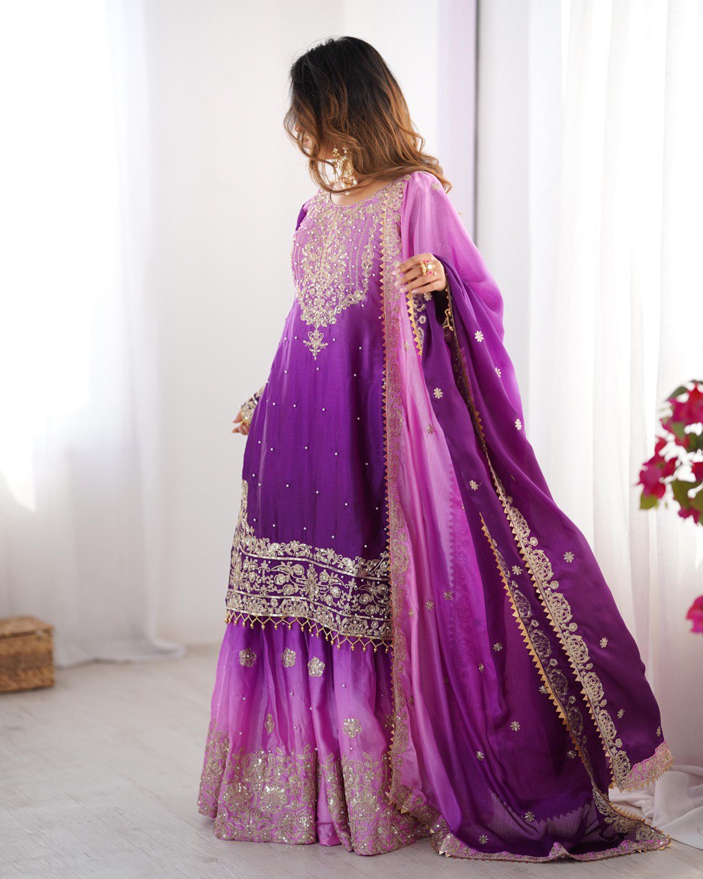 Purple And Lavender Color Sequence Work Sharara Suit For Women