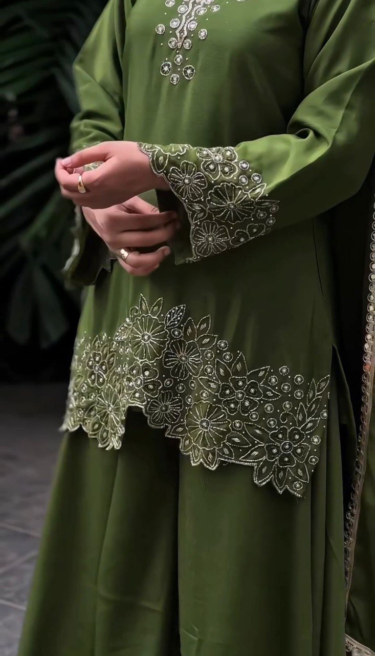 Green Color Chinon Silk With Thread Work Plazo Suit